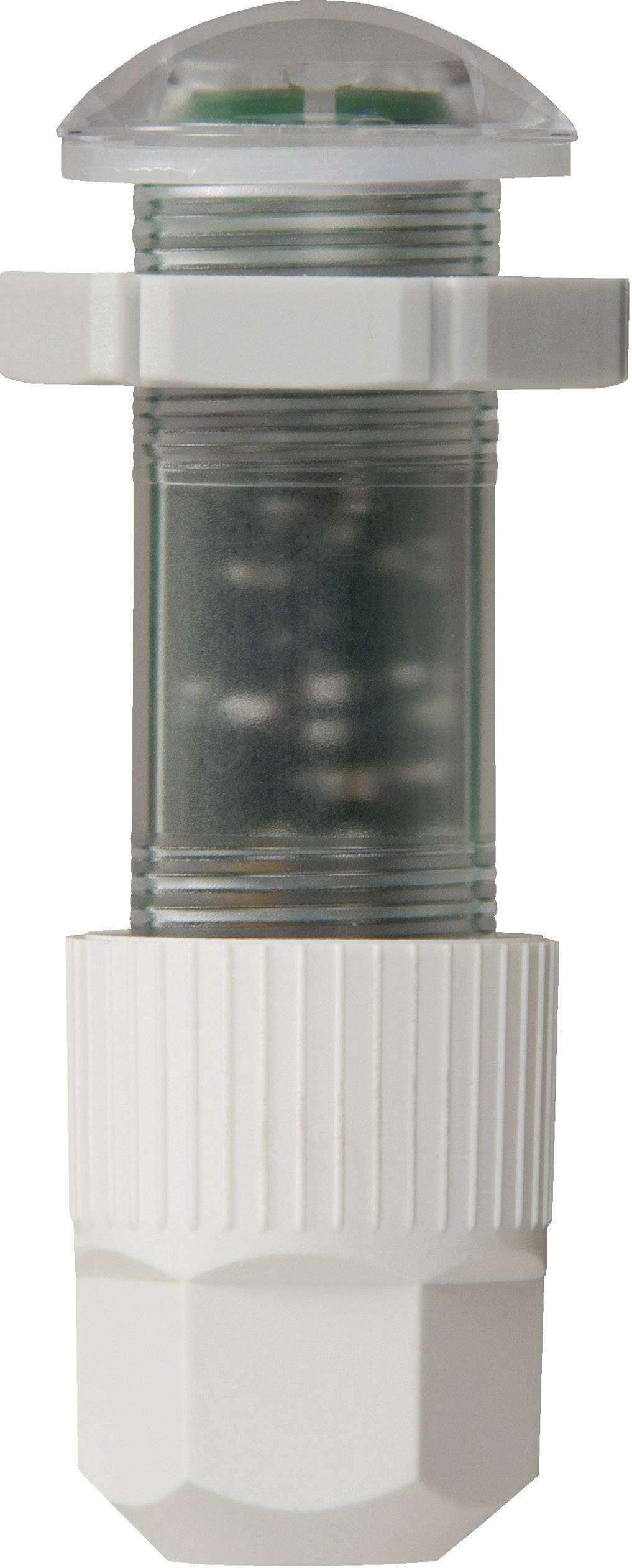 Un filtro acqua bianco con parte centrale trasparente, attraverso cui sono visibili piccole sfere. Le estremità superiore e inferiore presentano attacchi ingrossati.