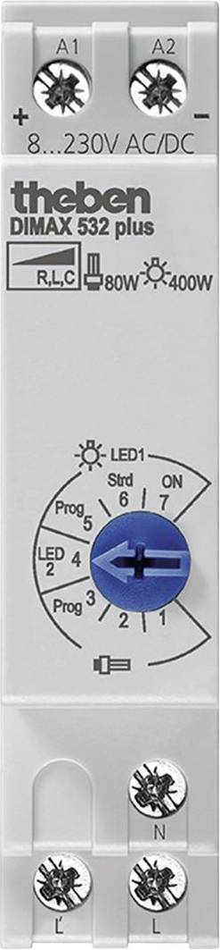 Un dimmer elettronico di Theben, modello DIMAX 532 plus, presenta una rotella di regolazione blu e indicatori LED per diversi programmi.