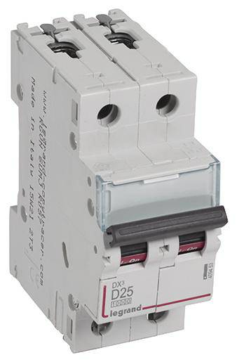 Interruttore magnetotermico bipolare, grigio, con marcatura prodotto 'D25'. Utilizzato per la protezione di circuiti elettrici.