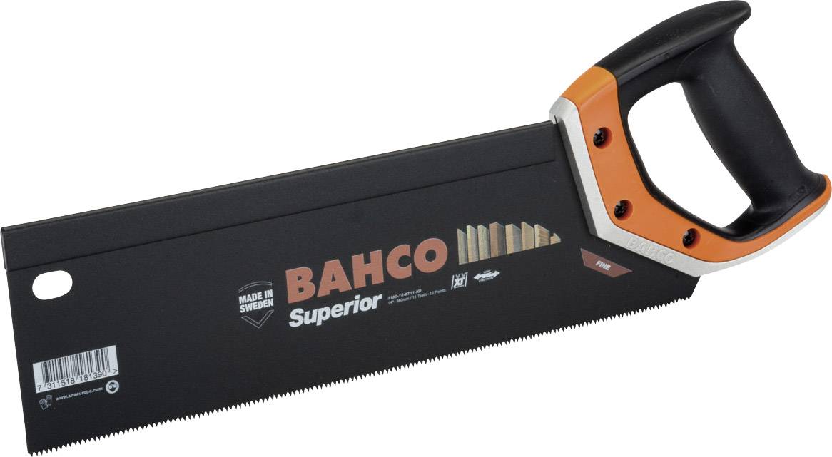 Sega a mano 'Bahco Superior' con lama nera e impugnatura arancione e nera, ideale per il taglio preciso del legno.