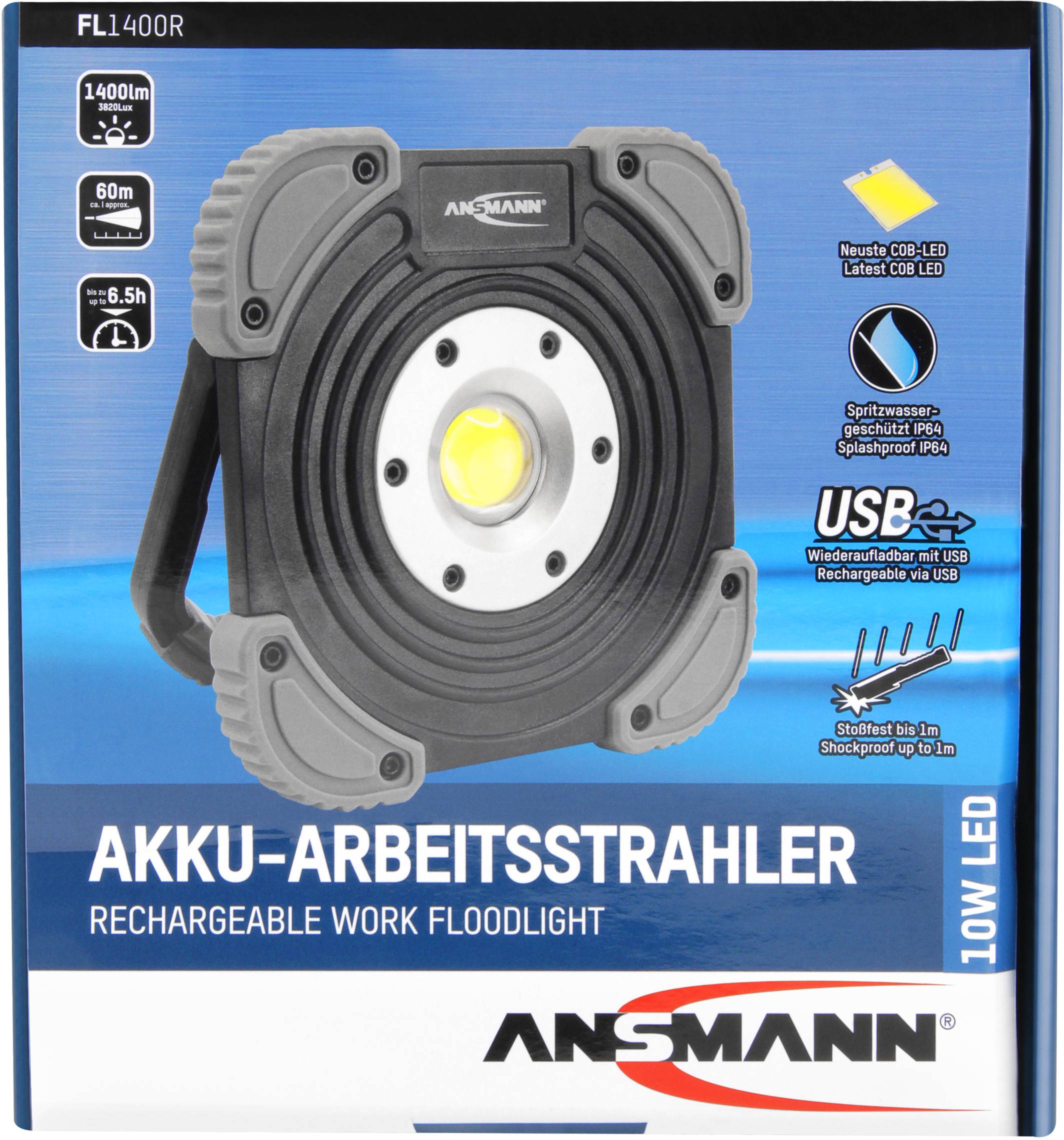Proiettore da lavoro a LED a batteria di Ansmann, 1400 lumen, portata 60m, durata 6,5 ore, con porta USB per la ricarica.
