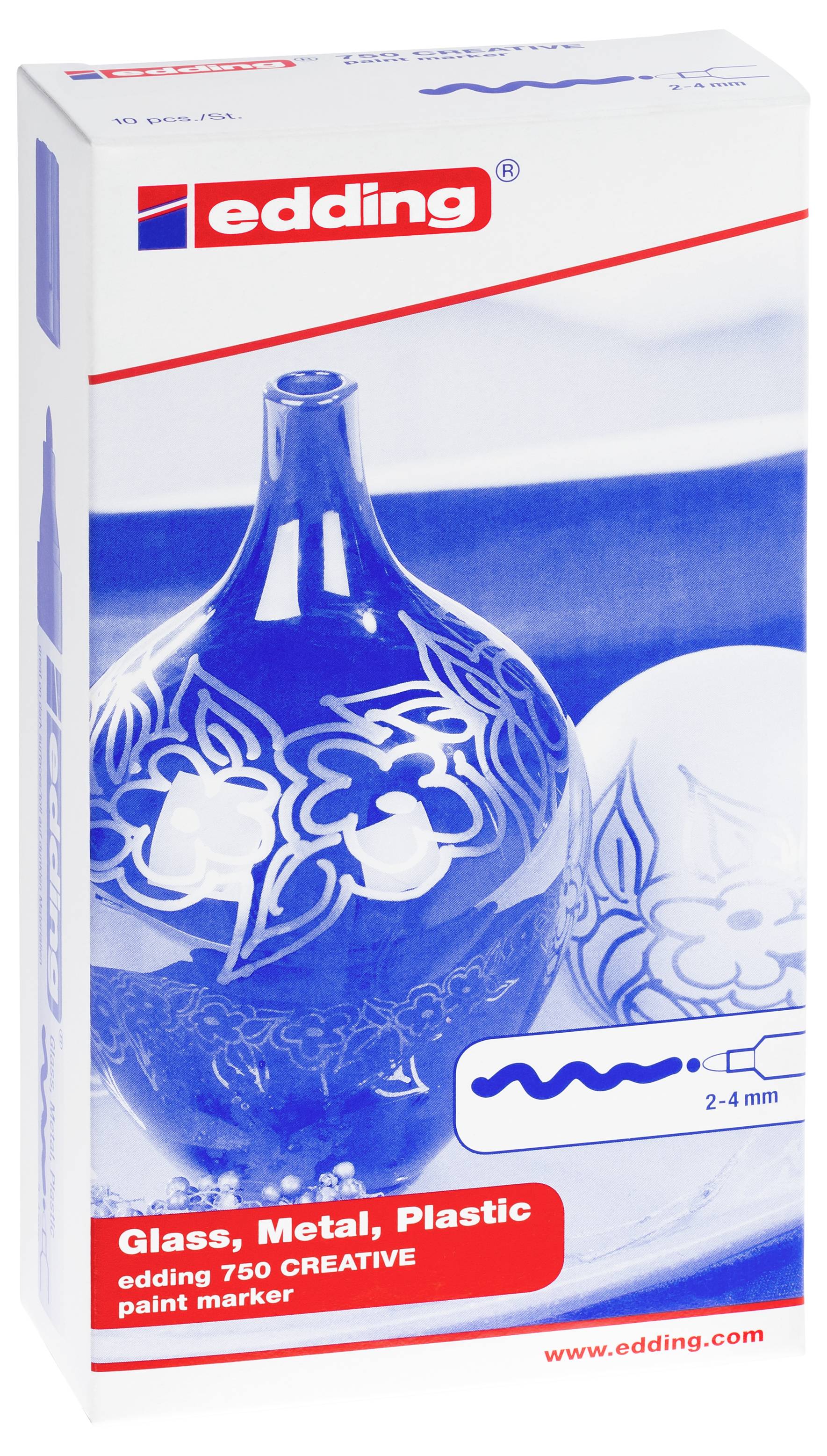 Scatola di pennarelli Edding 750 Creative paint marker per vetro, metallo e plastica, punta 2-4 mm, mostrata con un esempio di bottiglia decorata blu.