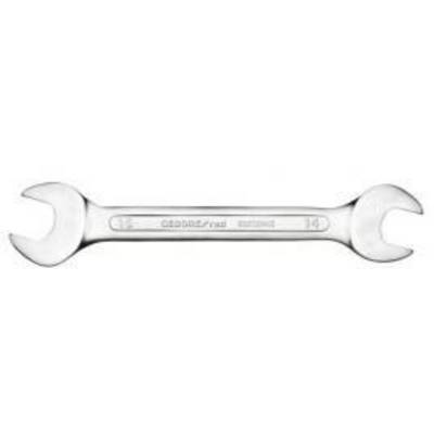 Una chiave inglese d'argento con dimensioni da 11 mm e 12 mm, posizionata orizzontalmente, su uno sfondo bianco.