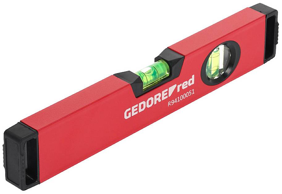 Livella rossa con due bolle, una in alto e una laterale. Sul lato è riportato 'GEDORE red R94100051'.