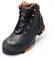 Scarpa da lavoro nera con accenti arancioni e suola robusta, adatta per l'uso industriale e le esigenze di sicurezza.
