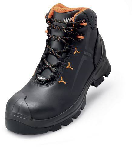 Una scarpa antinfortunistica nera con dettagli arancioni e lacci. La scarpa ha una suola robusta e offre protezione per le dita dei piedi.