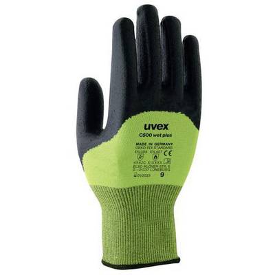 'Guanto da lavoro della Germania, nero-verde, con etichettatura e marchio CE. Marca: uvex, Modello: C500 wet plus.'
