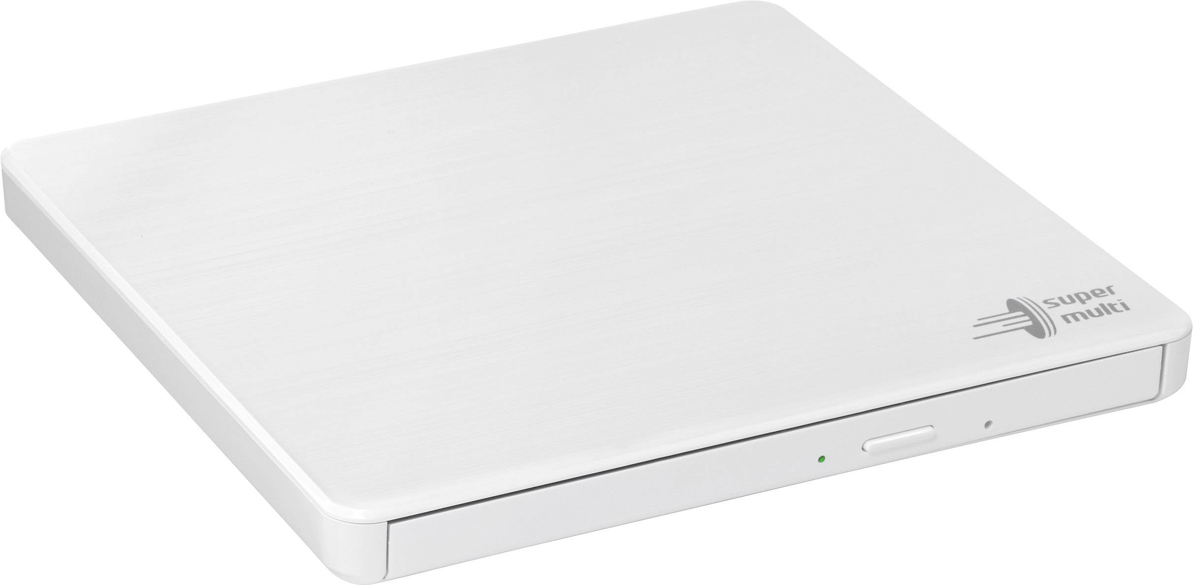 Masterizzatore DVD esterno di forma rettangolare, colore argento.
