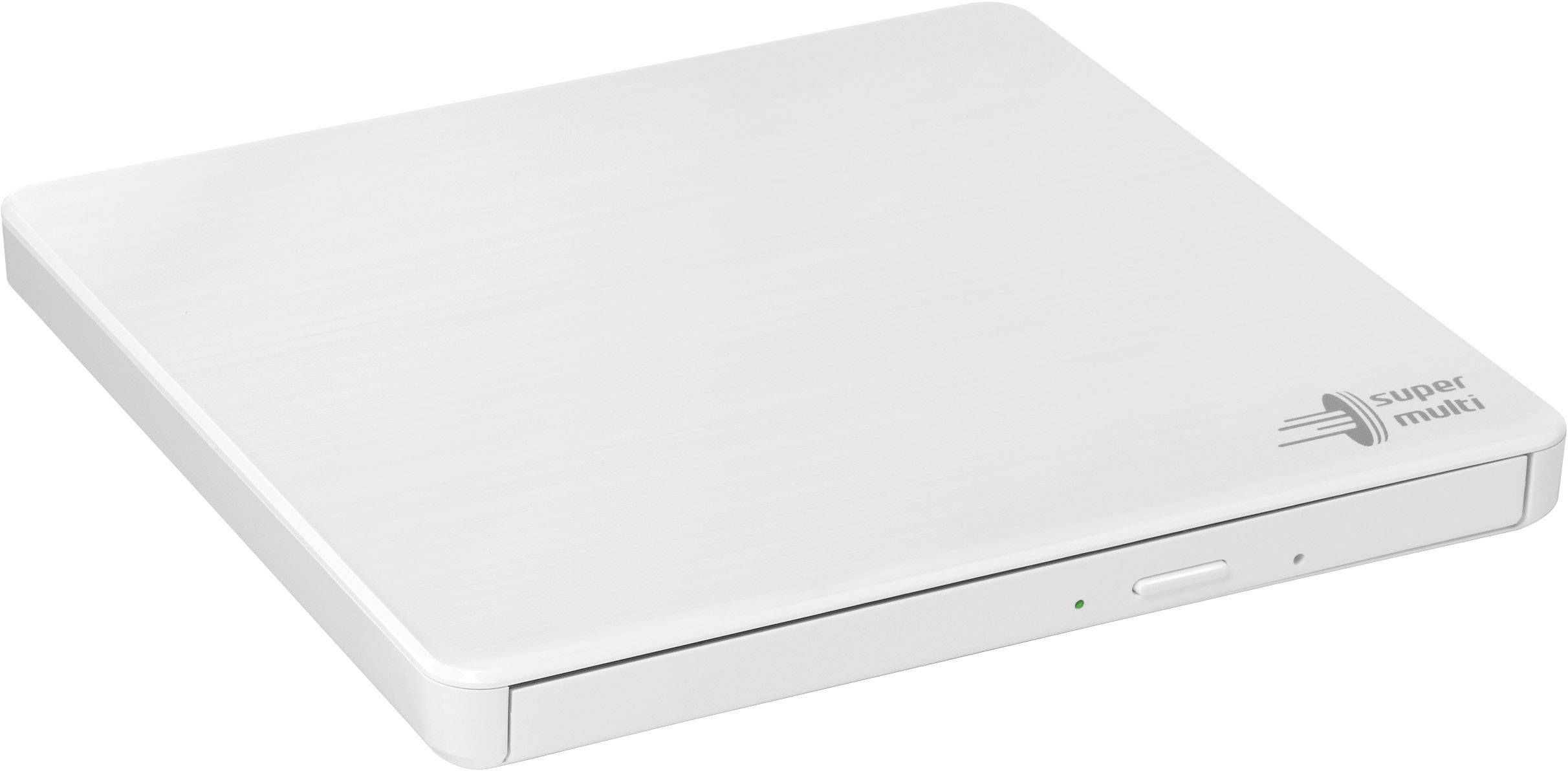 Un masterizzatore DVD esterno in argento con tecnologia Superspeed, contrassegnato con 'super multi', sottile e rettangolare.