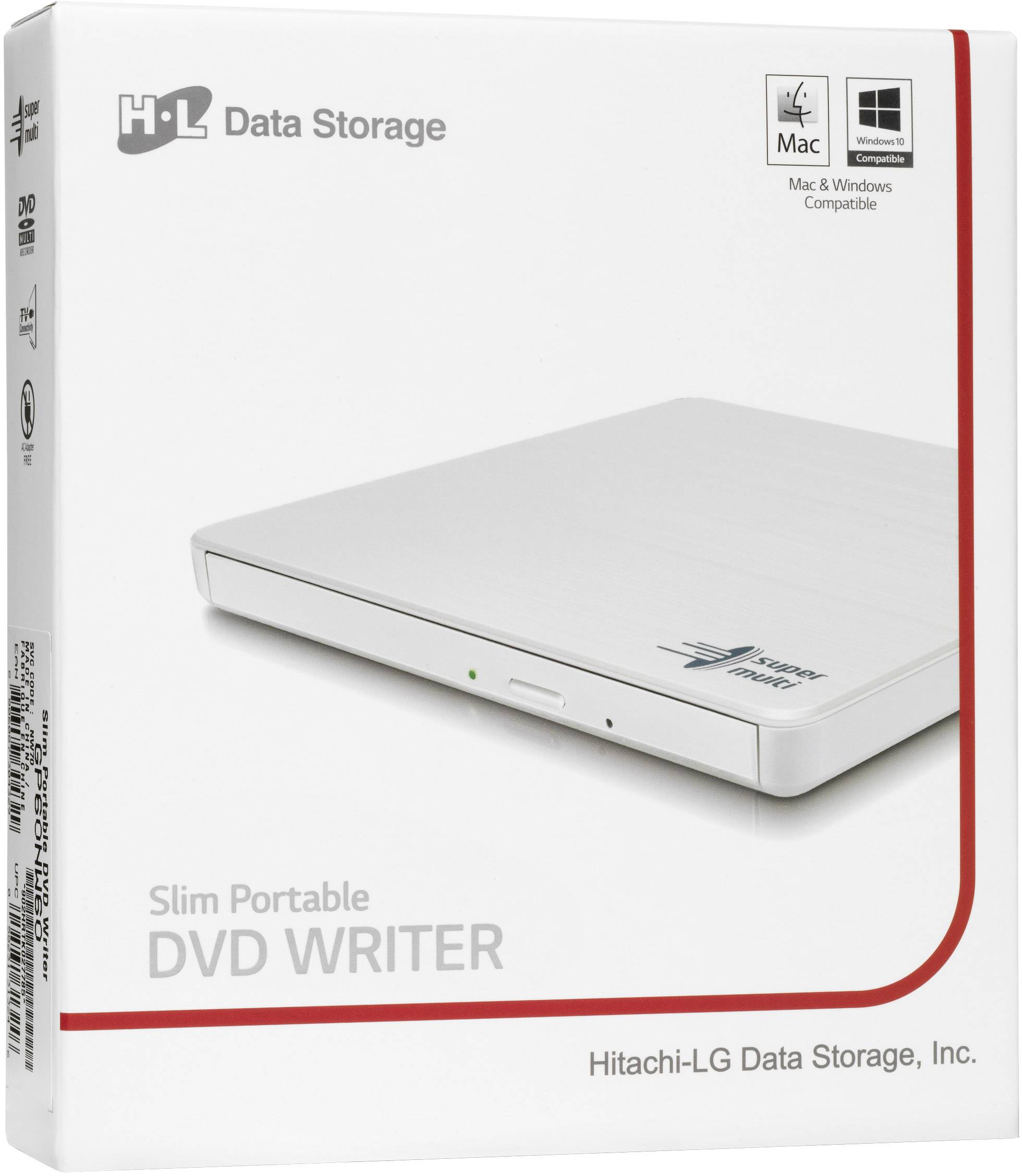 'Confezione di un masterizzatore DVD portatile e sottile di Hitachi-LG, compatibile con Mac e Windows.'