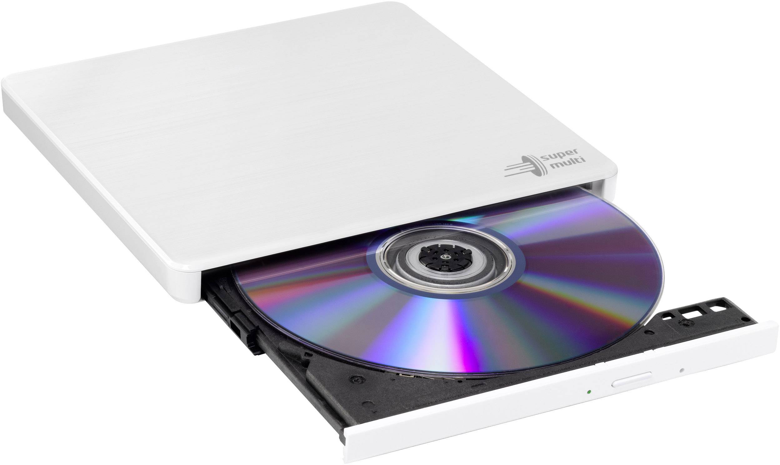 Lettore CD esterno bianco, con vassoio aperto, che sta leggendo un CD.