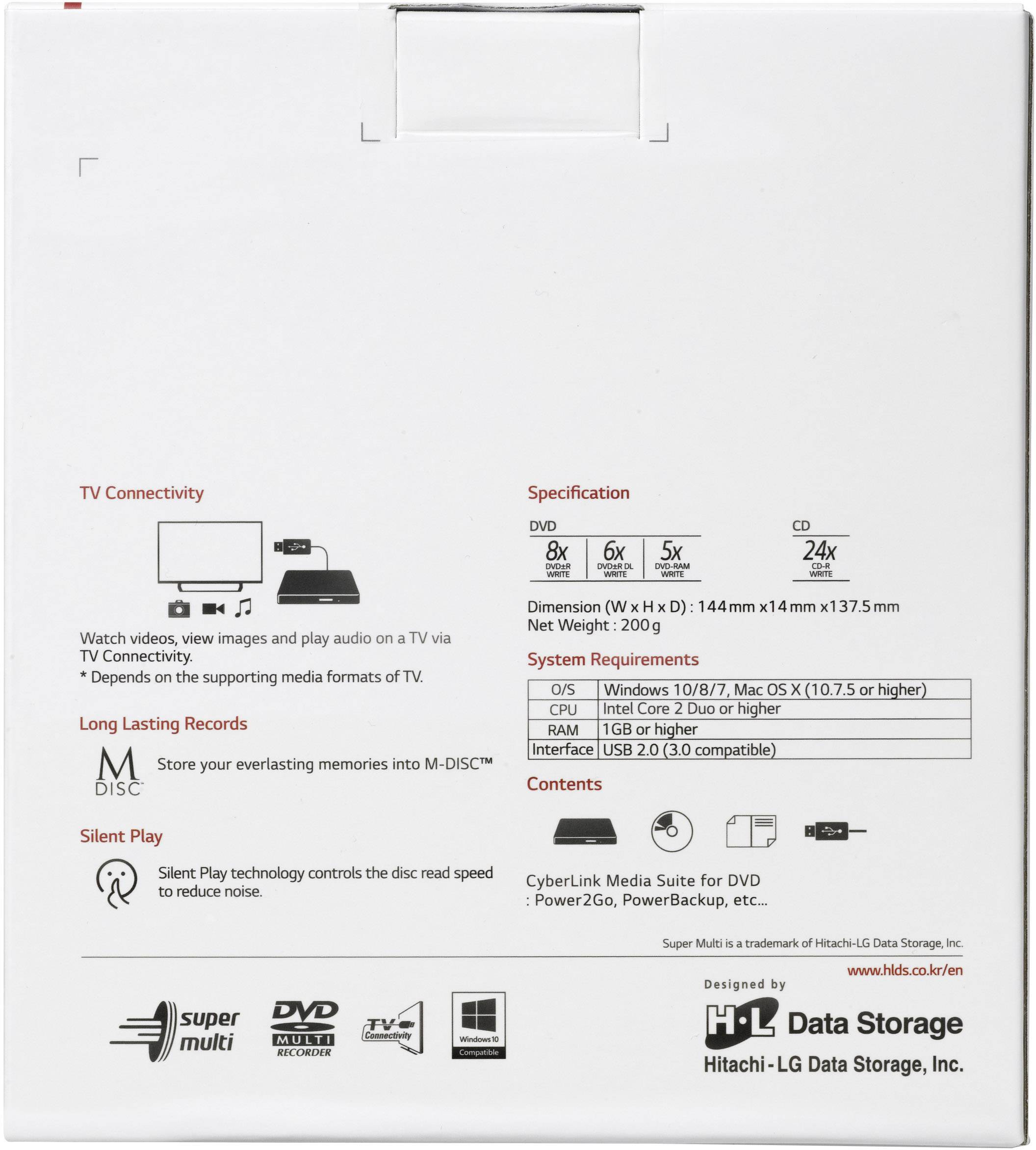 Retro della confezione di un'unità DVD esterna con specifiche come velocità di scrittura DVD-R, dimensioni, peso, connettività TV e porte di connessione.