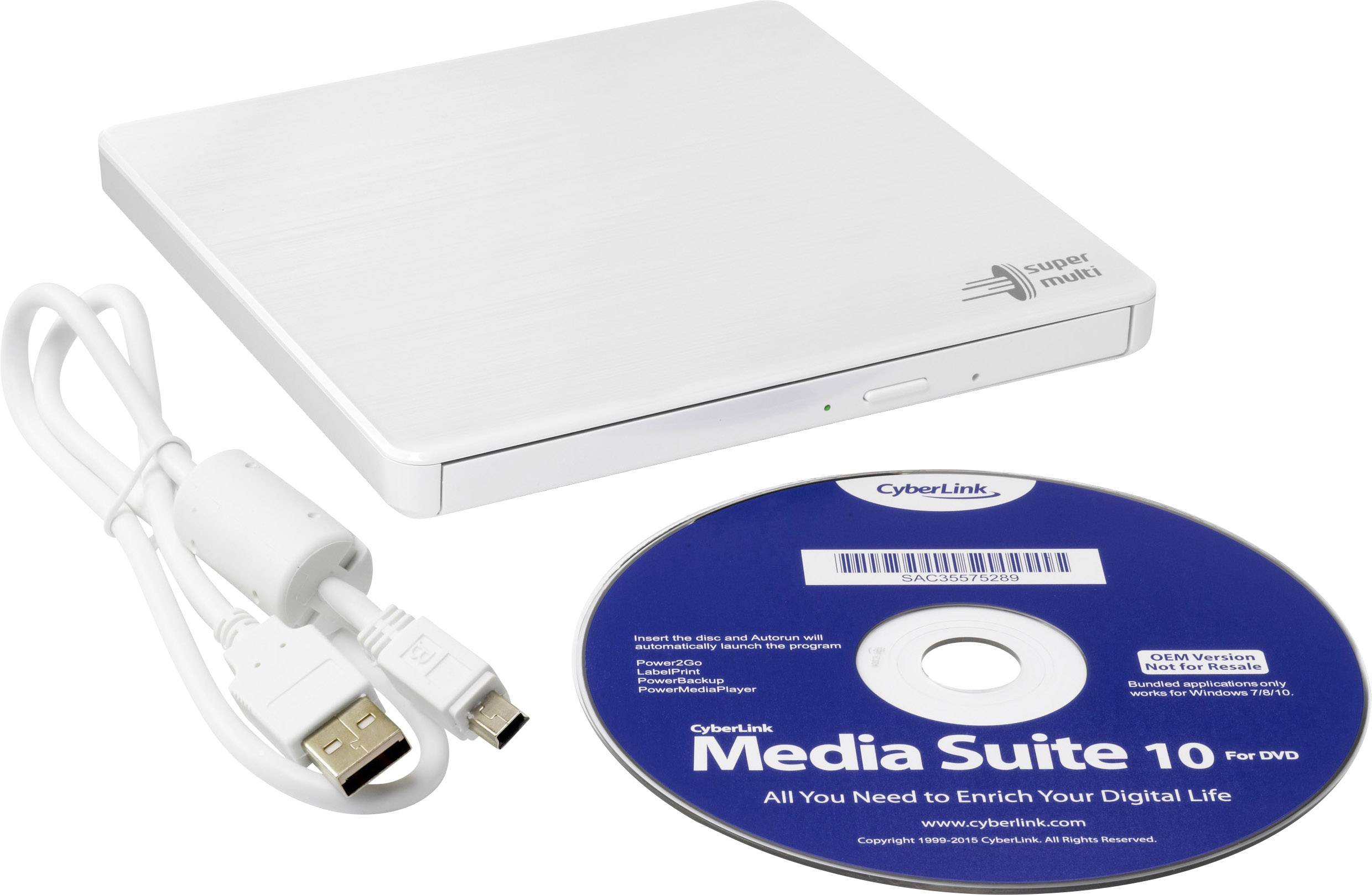 Lettore DVD esterno con cavo USB e CD software 'Media Suite 10' di CyberLink per l'installazione e l'utilizzo del lettore.