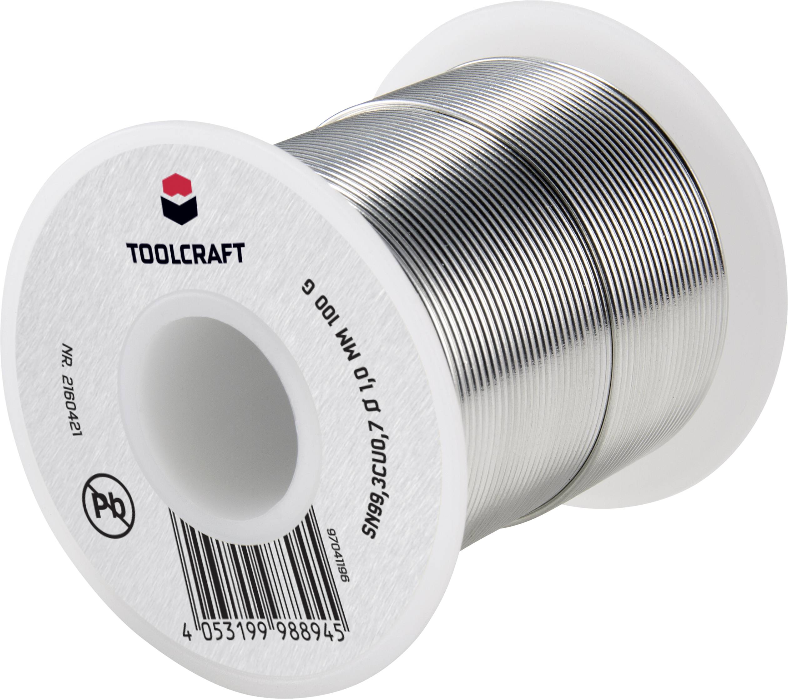 Bobina di stagno per saldatura TOOLCRAFT con indicazione 'Sn99,3Cu0,7 Ø1,0 mm 100 g', adatta per applicazioni elettroniche e riparazioni.