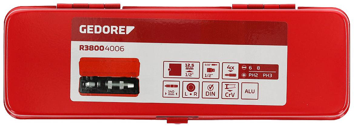 Cassetta degli attrezzi Gedore rossa con numero di modello 'R38004006', l'etichetta mostra le informazioni sulle dimensioni e sul tipo degli strumenti contenuti.