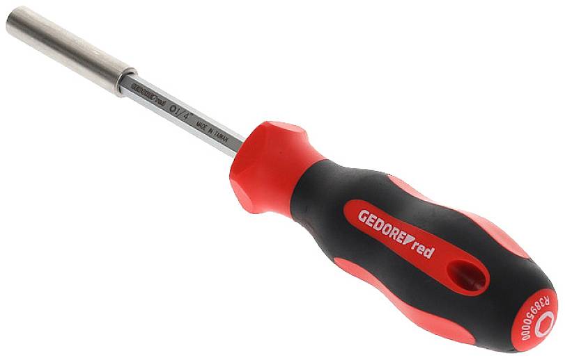 Un cacciavite con impugnatura rossa e nera, dalla forma ergonomica. Contrassegnato con 'GEDORE red'.