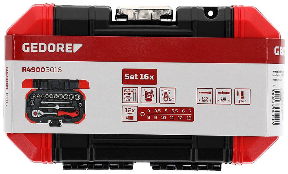 Valigetta nera con accenti rossi, contiene un set di 16 pezzi GEDORE, modello R4900 3016. Mostra chiavi a bussola e bit di varie dimensioni.