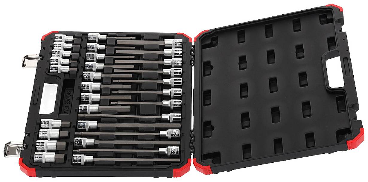 Cassetta degli attrezzi aperta con un set di dadi esagonali di varie dimensioni, ordinatamente disposti su un supporto in schiuma.