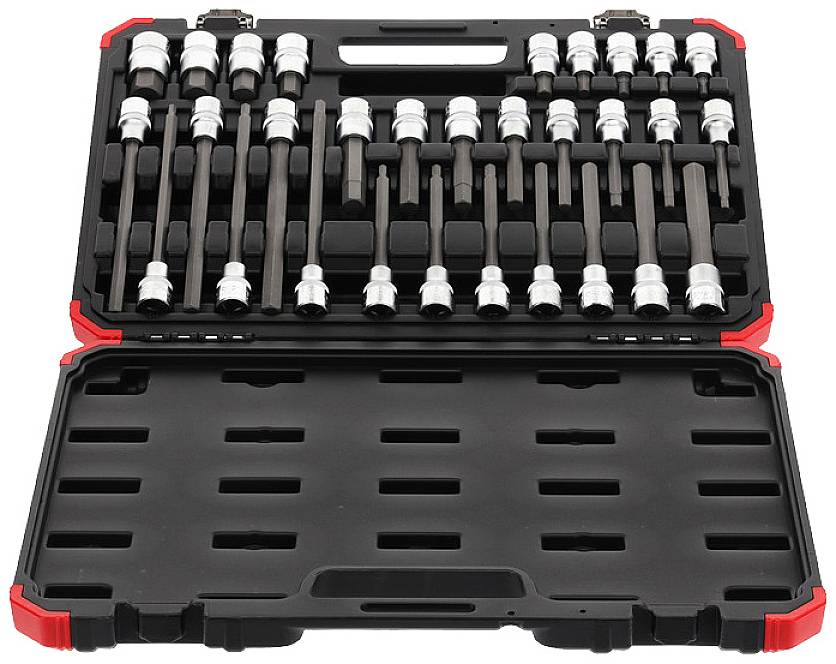 Un portautensili aperto con più file di chiavi a bussola e prolunghe di varie dimensioni.