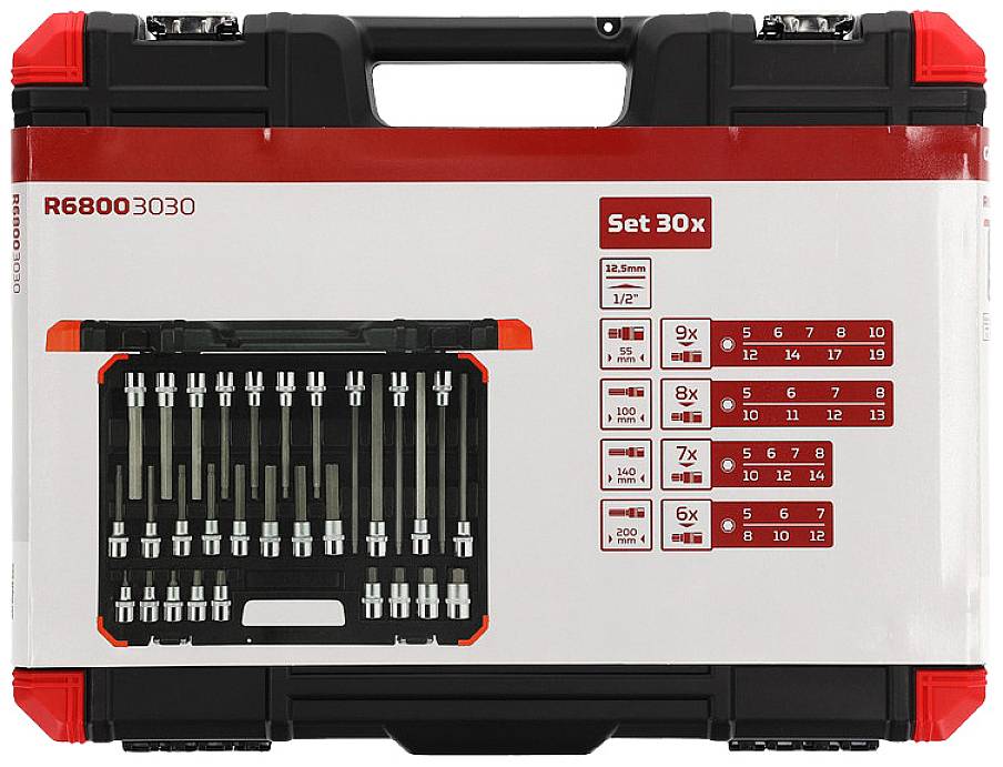'Set di 30 chiavi a bussola in valigetta di trasporto. Contiene varie dimensioni: 9x 1/2", 8x 1/2", 7x 1/2", 6x 1/2".'