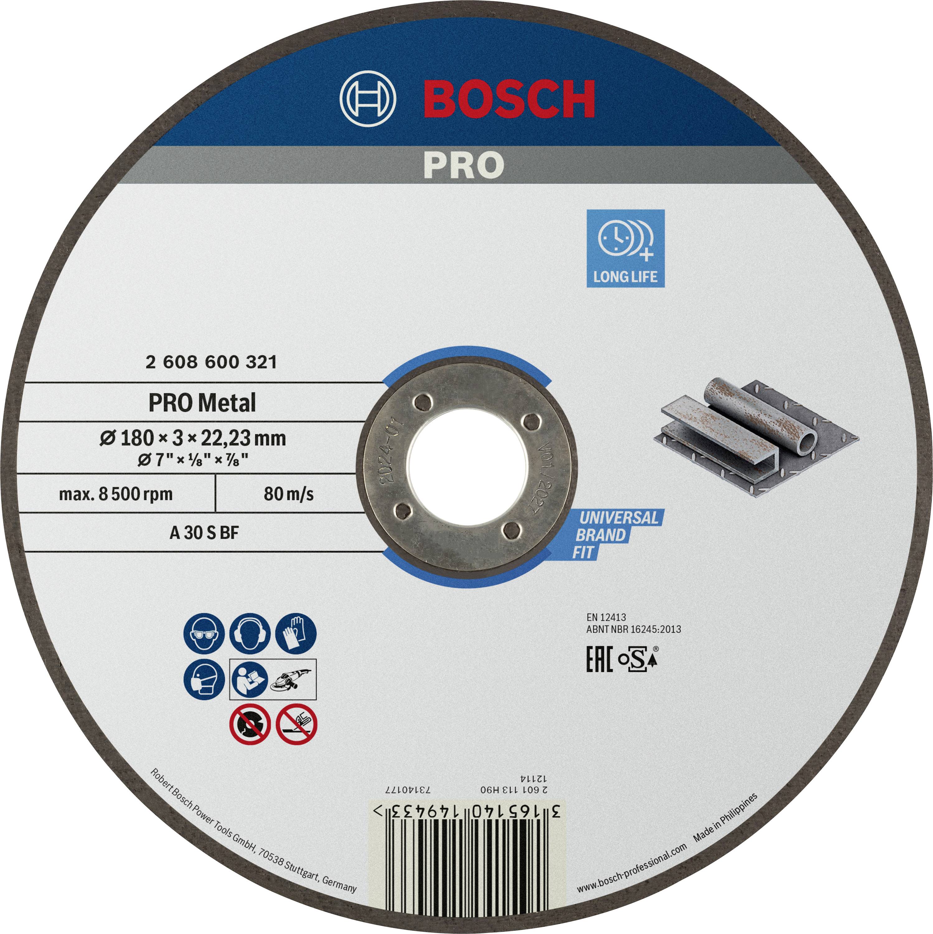 Disco da taglio per metallo Bosch, 180x3x22,23 mm. Adatto per lavorazioni metalliche fino a 8500 giri/min a 80 m/s. Simboli di sicurezza e istruzioni per l'uso.