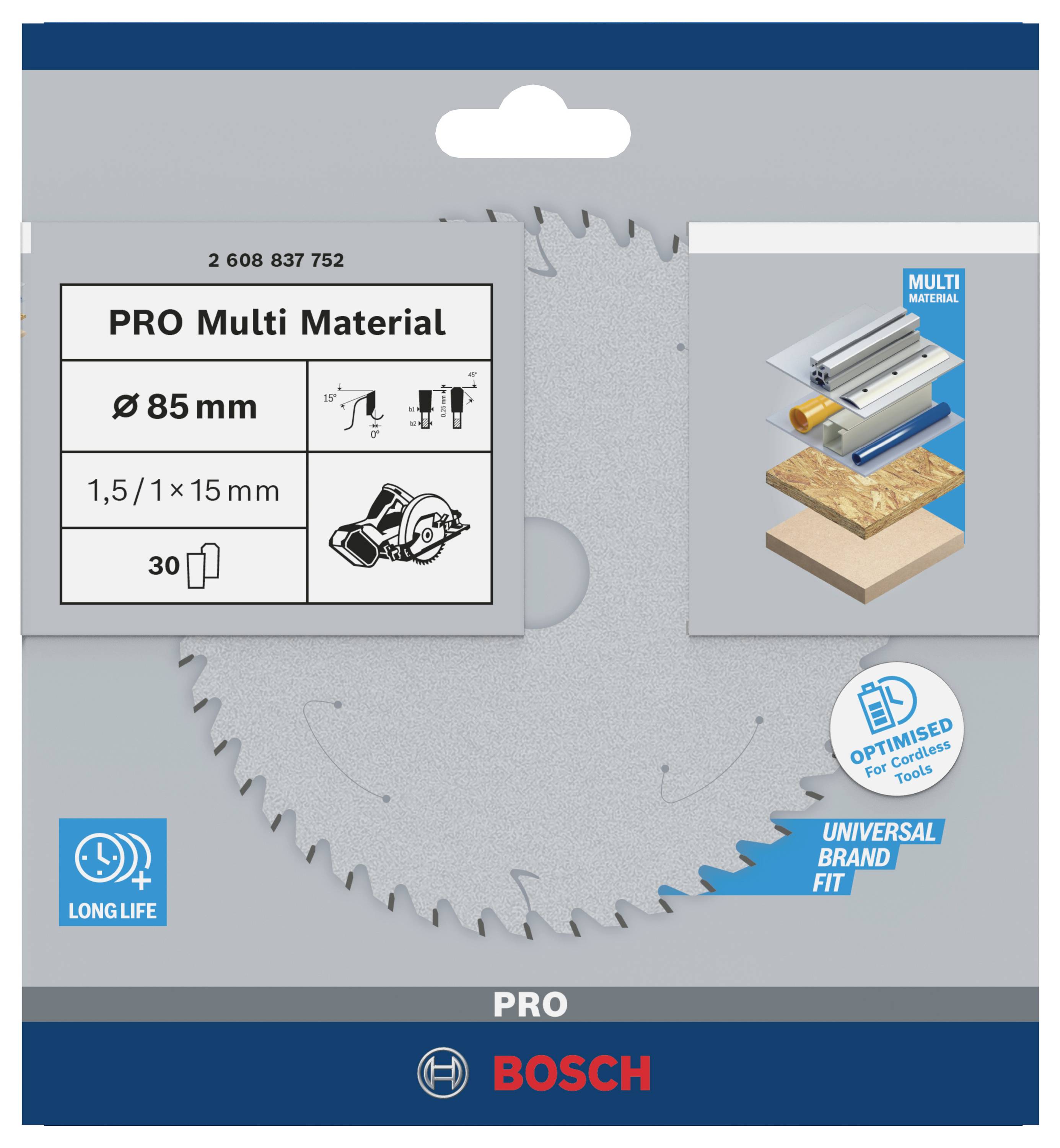 'Lama per sega multimateriale Bosch Pro, diametro 85 mm, per diversi materiali come legno e metallo, ottimizzato per utensili a batteria.'