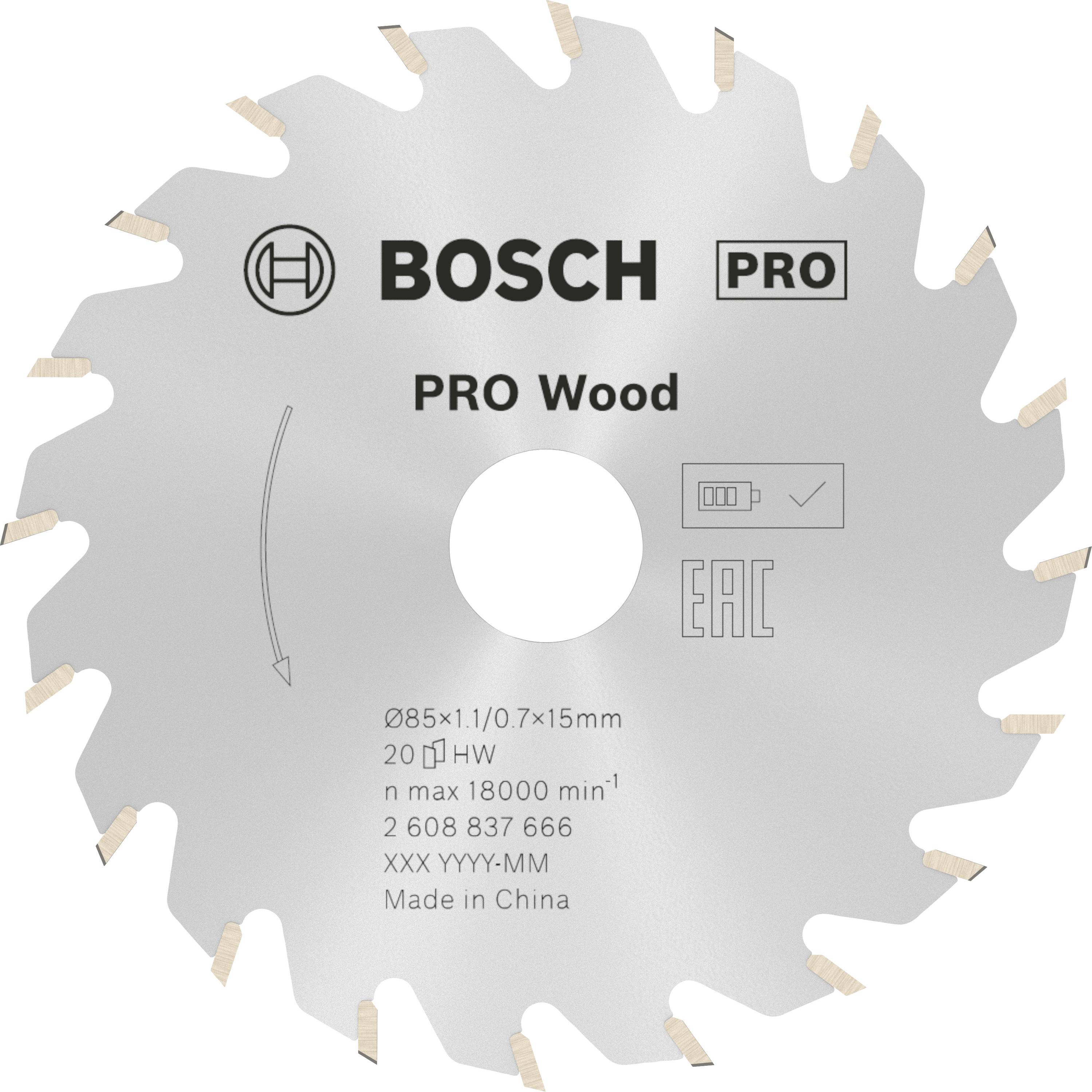 Lama da taglio 'BOSCH PRO Wood', diametro 85 mm, adatto per legno, velocità massima 18.000 giri/min, fabbricato in Cina.