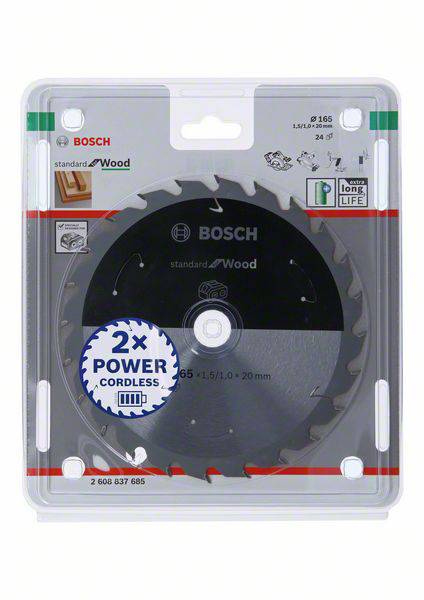 Lama per sega circolare in confezione, marca Bosch, con scritta '2× Power Cordless', adatto per il legno.