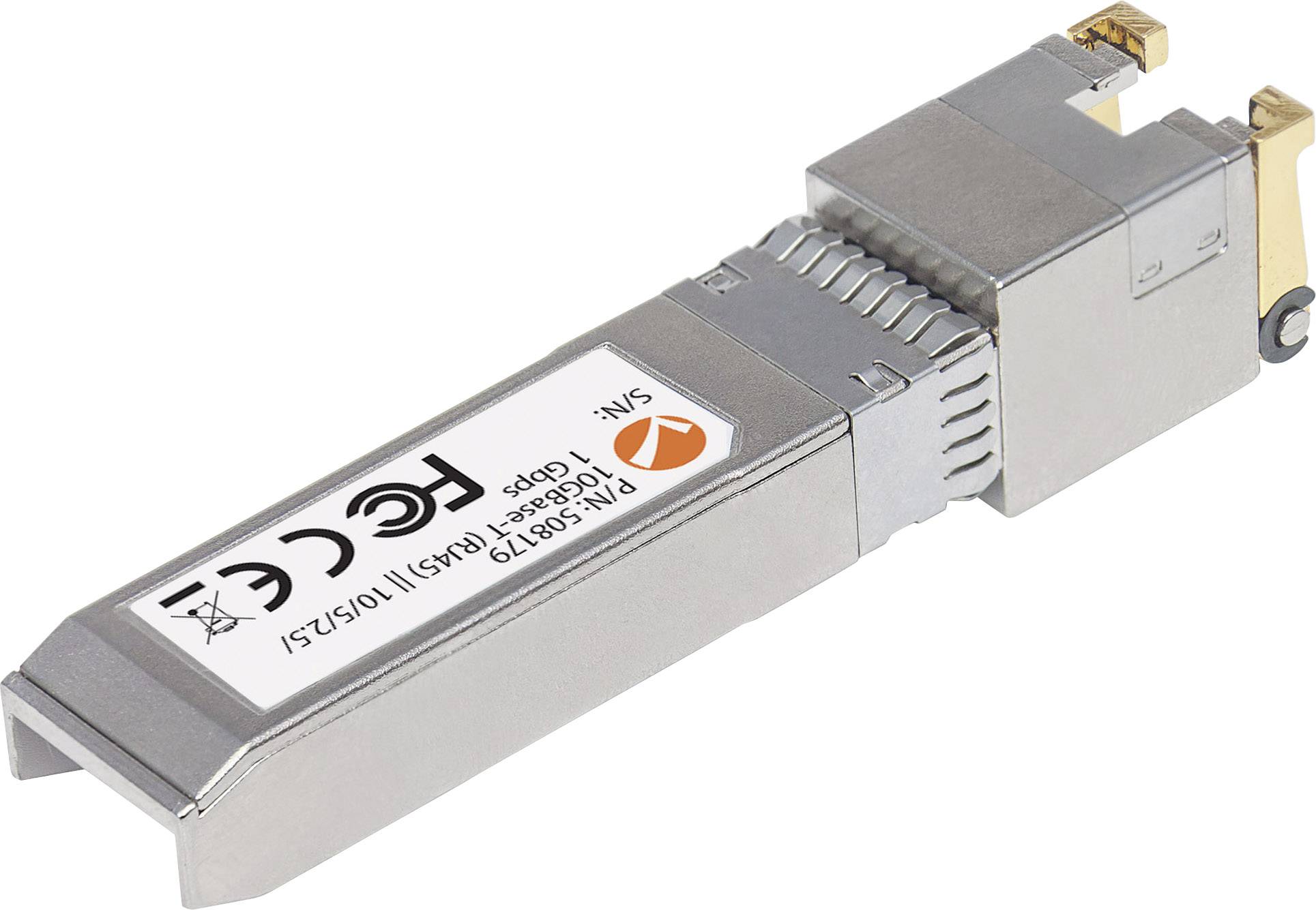 Un transceiver SFP+ metallico con marchio CE. È utilizzato per la trasmissione di dati su reti ottiche o basate su rame.