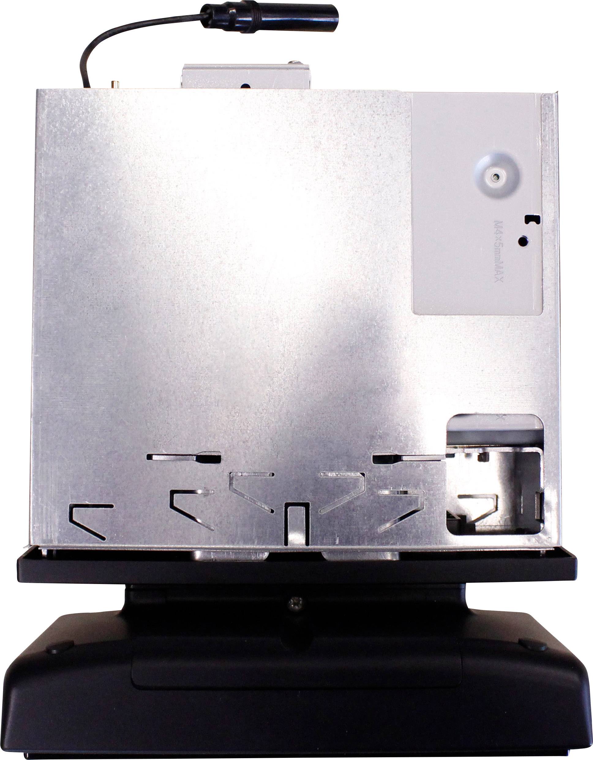 Veduta posteriore di un dispositivo elettronico con involucro metallico, connettore per cavi nella parte superiore, base nera e diverse aperture.