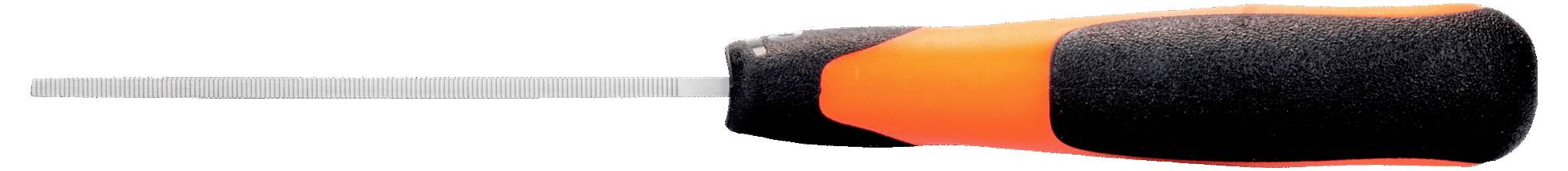 Cacciavite a lama piatta con manico arancione e nero e asta metallica, mostrato orizzontalmente su sfondo bianco.