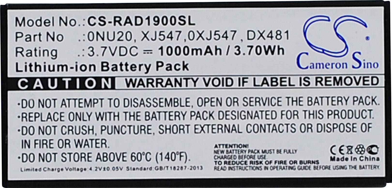 Etichetta 'Pacco Batteria agli Ioni di Litio' con numero di modello, capacità (1000mAh/3,70Wh), avvertenze su manipolazione scorretta e logo del produttore.