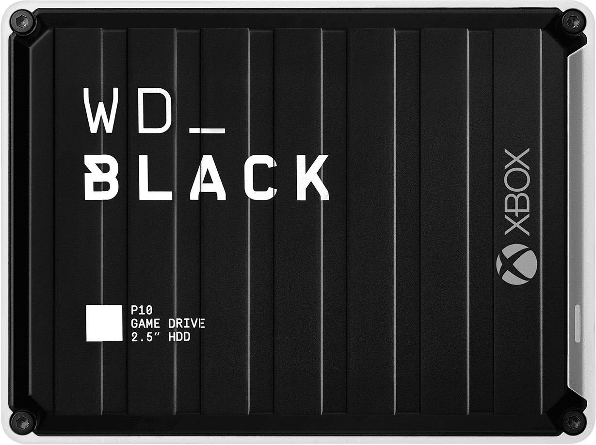 Hard disk esterno con la scritta 'WD_Black' e 'XBOX', modello P10 Game Drive con hard disk da 2,5 pollici.