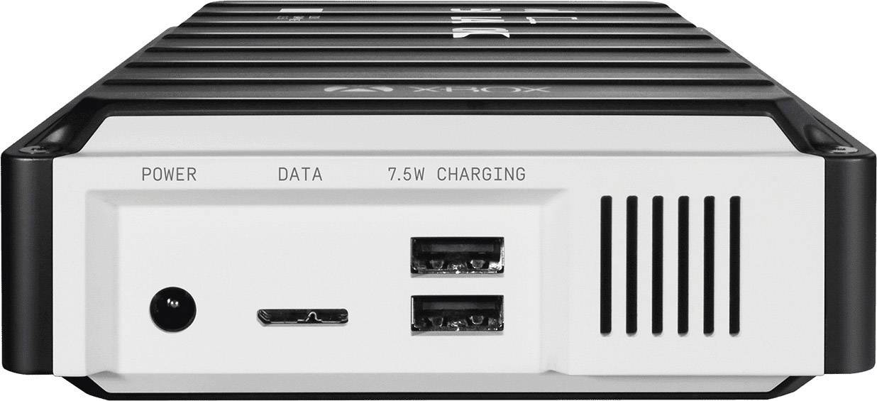 Hard disk esterno con più porte sul lato frontale: connettore di alimentazione, porta dati e due porte USB per la ricarica.