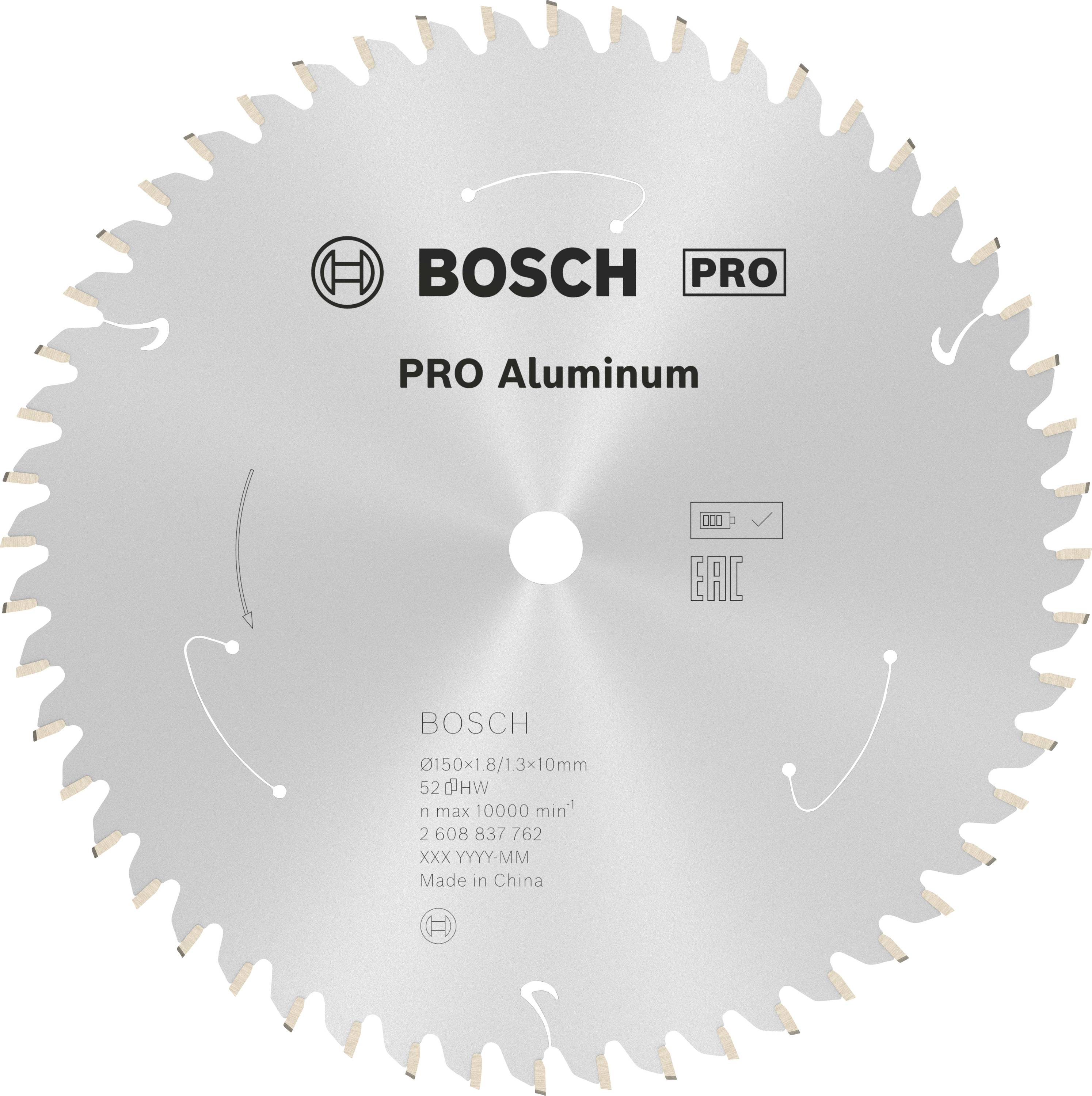 Lama per sega circolare per alluminio Bosch, 150x1,8x10mm, 52 denti, max. 10.000 giri/min; adatta per applicazioni professionali.