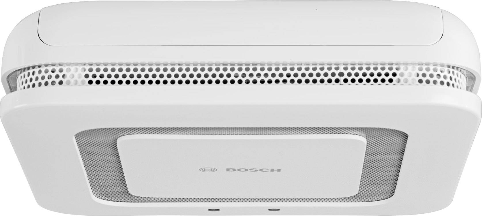 Un rilevatore di fumo bianco con griglia di ventilazione sul lato, montato sul soffitto di una stanza, mostra il logo Bosch sulla parte frontale.