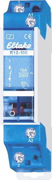 Relè elettrico blu con scritta 'Eltako R12-100', mostra i morsetti per A1 e A2, adatto per 16A, 250V.