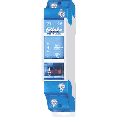 Relè di commutazione blu 'Eltako', modello 'XR12-100', con capacità di 25A, 250V. Morsetti a vite superiori e inferiori, marchio CE visibile.