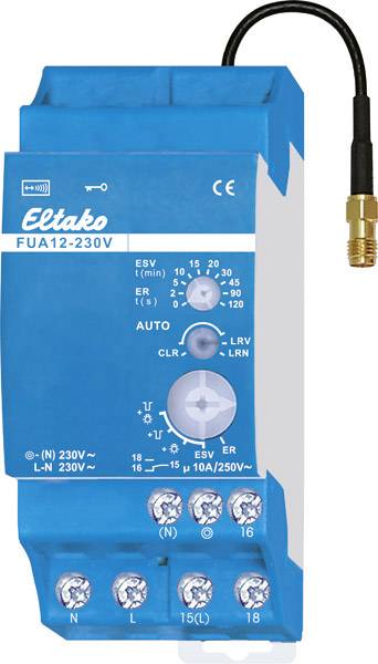 Un dispositivo attuatore radio Eltako FUA12-230V blu con molteplici connessioni e un cavo antenna. Contiene manopole di regolazione e dettagli tecnici.