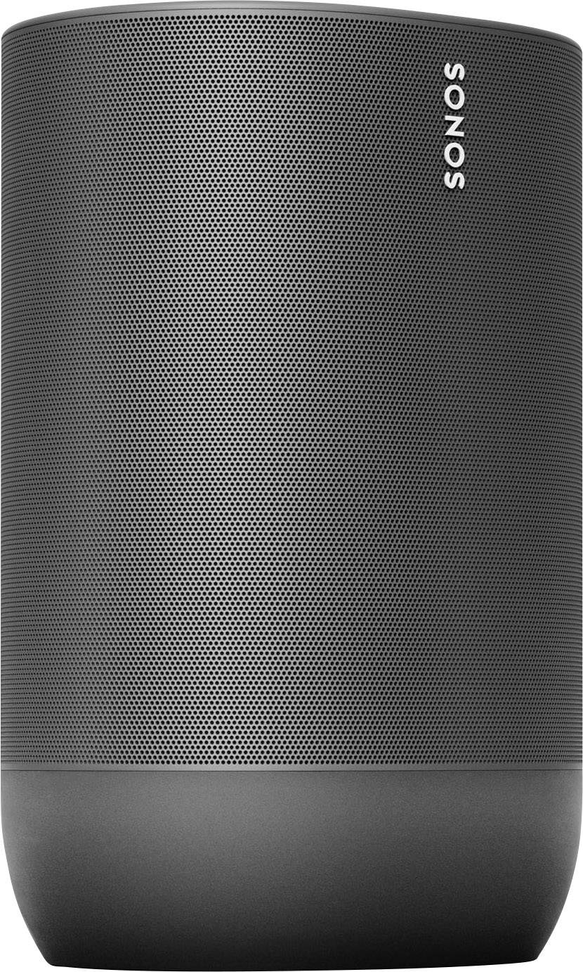 Altoparlante nero Sonos, forma cilindrica, con piccoli fori per l'emissione del suono. Testo 'SONOS' verticale sul lato destro.