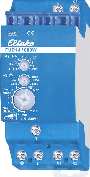 'Interruttore dimmer Eltako blu FUD14/800W con varie impostazioni e morsetti di connessione per l'utilizzo in circuiti elettrici.'