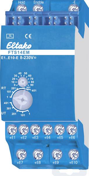 Modulo relè Eltako blu con marcatura 'FTS14EM', per montaggio su guida DIN. Mostra numeri e simboli per impostazioni e tensione elettrica.