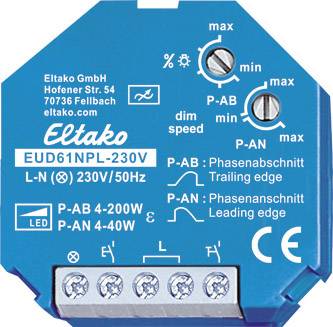 Modulo blu EUD61NPL-230V di Eltako per taglio di fase e inizio di fase, con velocità di dimmerazione variabile e 230V/50Hz.