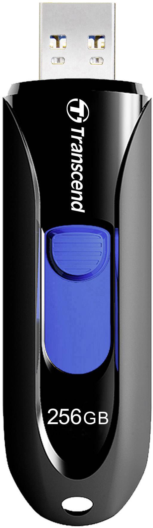 Chiavetta USB 'Transcend' da 256 GB di memoria, colore nero con cursore blu, per l'archiviazione e il trasferimento di dati.