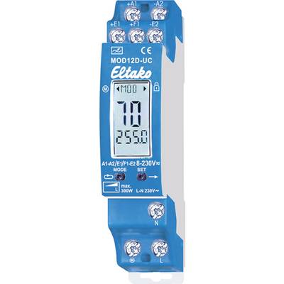 Contatore digitale di consumo elettrico in un involucro blu con display per mostrare i valori misurati, con indicazione '300W max'.