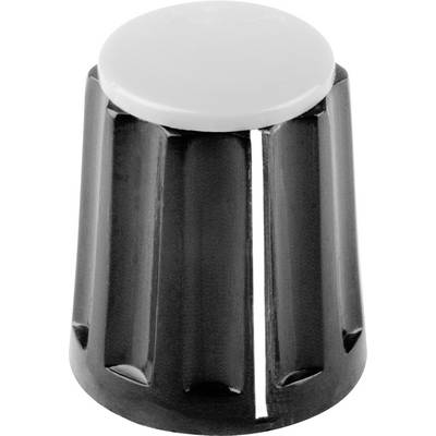 Un bottone di comando nero e scanalato con una parte superiore bianca. Adatto al controllo e alla regolazione di dispositivi o strumenti.