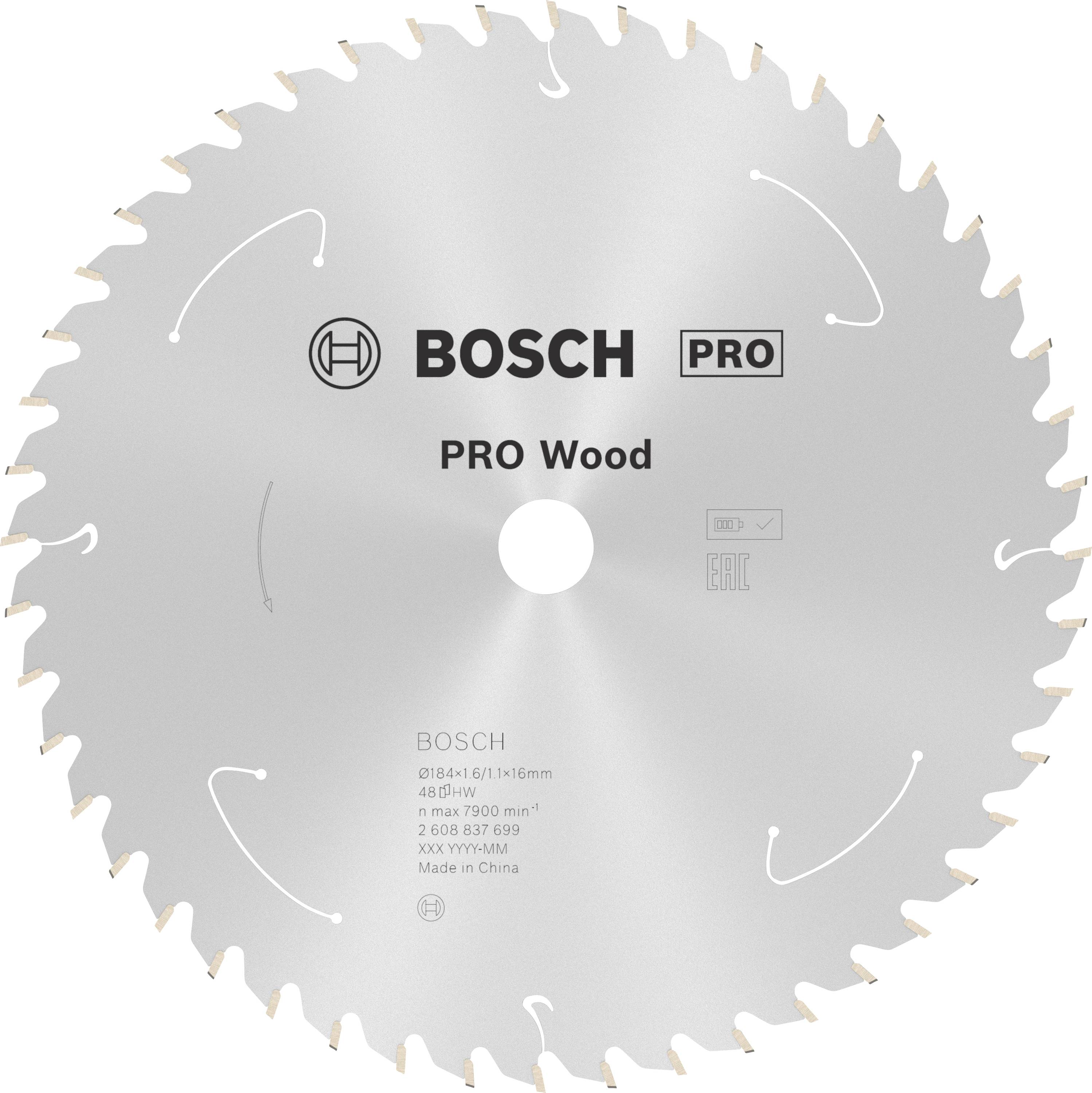 Lama per sega circolare Bosch, contrassegnato per 'PRO Wood'. Adatto per lavori in legno, con diametro e specifiche tecniche indicate.