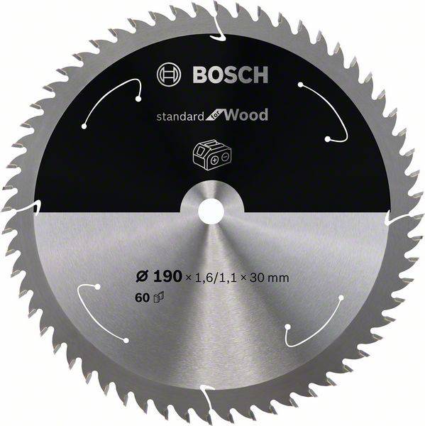 Lama per sega circolare Bosch con 60 denti, idoneo per il legno, diametro 190 mm, foro da 30 mm, costruito in acciaio per tagli precisi.