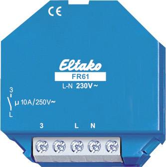 Un relè Eltako FR61 blu con marcatura CE. Supporta 230V, 10A/250V~. Sotto sono visibili tre morsetti di connessione.