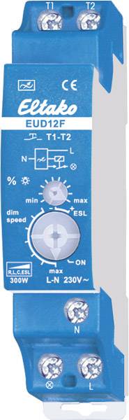 Dimmer elettronico Eltako EUD12F, colore blu, controllabile con manopola per la regolazione dell'intensità luminosa da min a max, tensione di esercizio 230V.